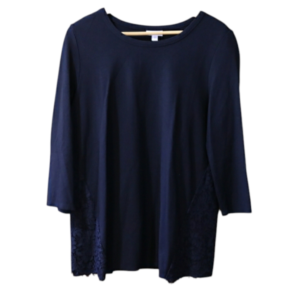 J. Jill Black 3/4 Sleeve Lace Detail Ponte Blouse Medium